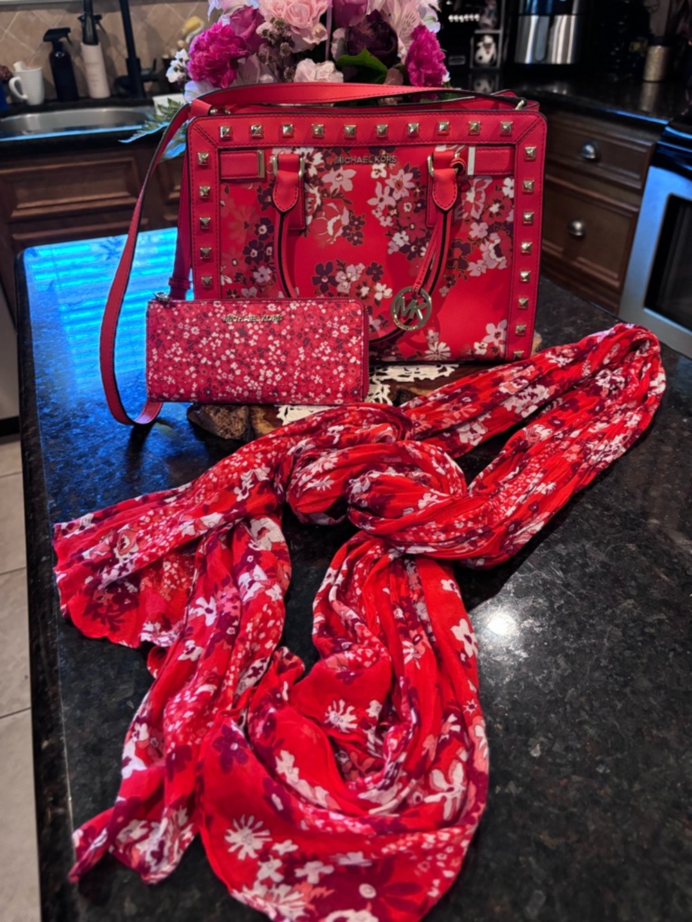 Michael Kors Red Floral Studded Satchel with Matching Wristlet and Scarf